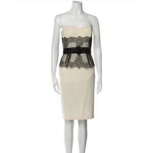 Badgley Mischka Knee Cocktail Wedding Dress Ivory black lace bow strapless 4